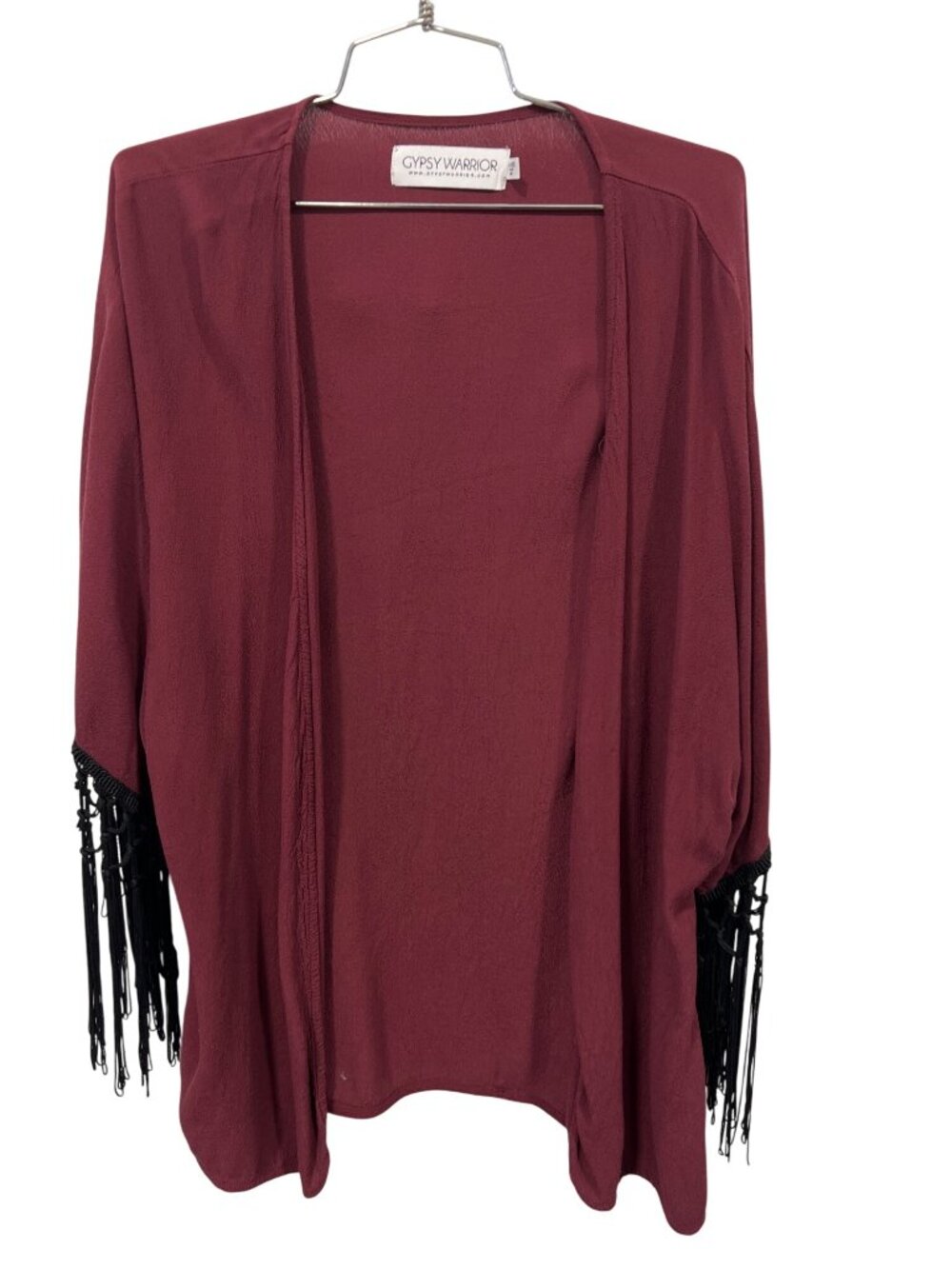 Gypsy Warrior Kimono Cardigan One Size Open Front Fringe Sleeve Red Black Boho
